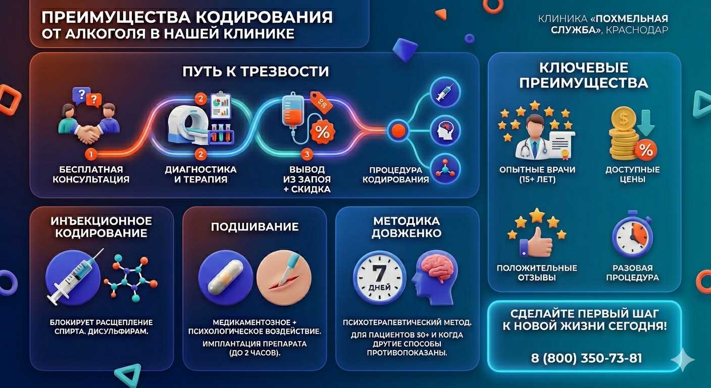 Инфографика о методах кодирования от алкоголя в Витебске: инъекции, подшивание, метод Довженко. Преимущества клиники и этапы лечения.