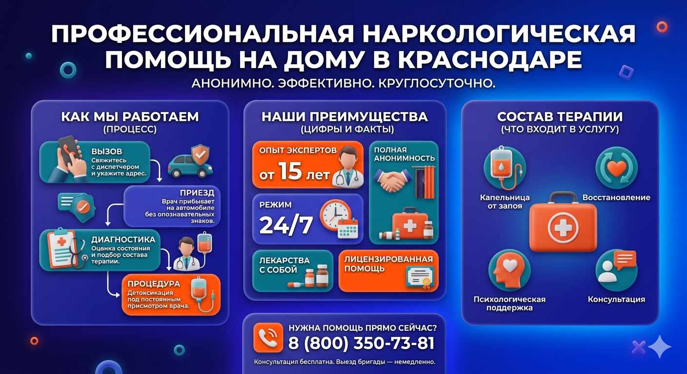 Инфографика о принципах лечения алкоголизма на дому в Витебске: этапы вызова нарколога, преимущества анонимной детоксикации и состав медицинской помощи.